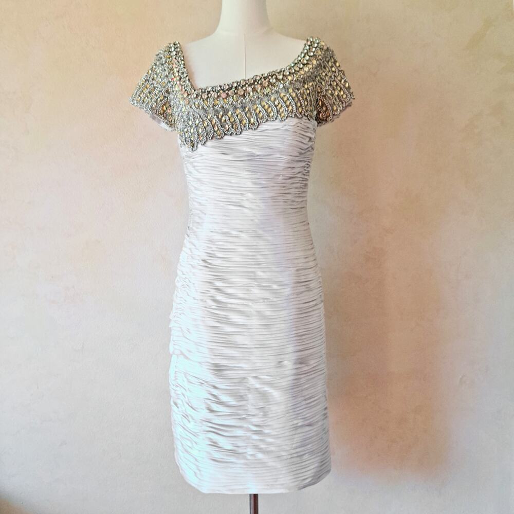 NEW TERANI COUTURE C1042 Cocktail Dress Size 8 Light Silver Beaded Ruched $658 - Picture 2 of 15